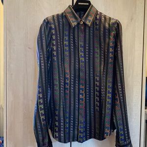 Black Multicolor Versace Greca Print Silk Shirt